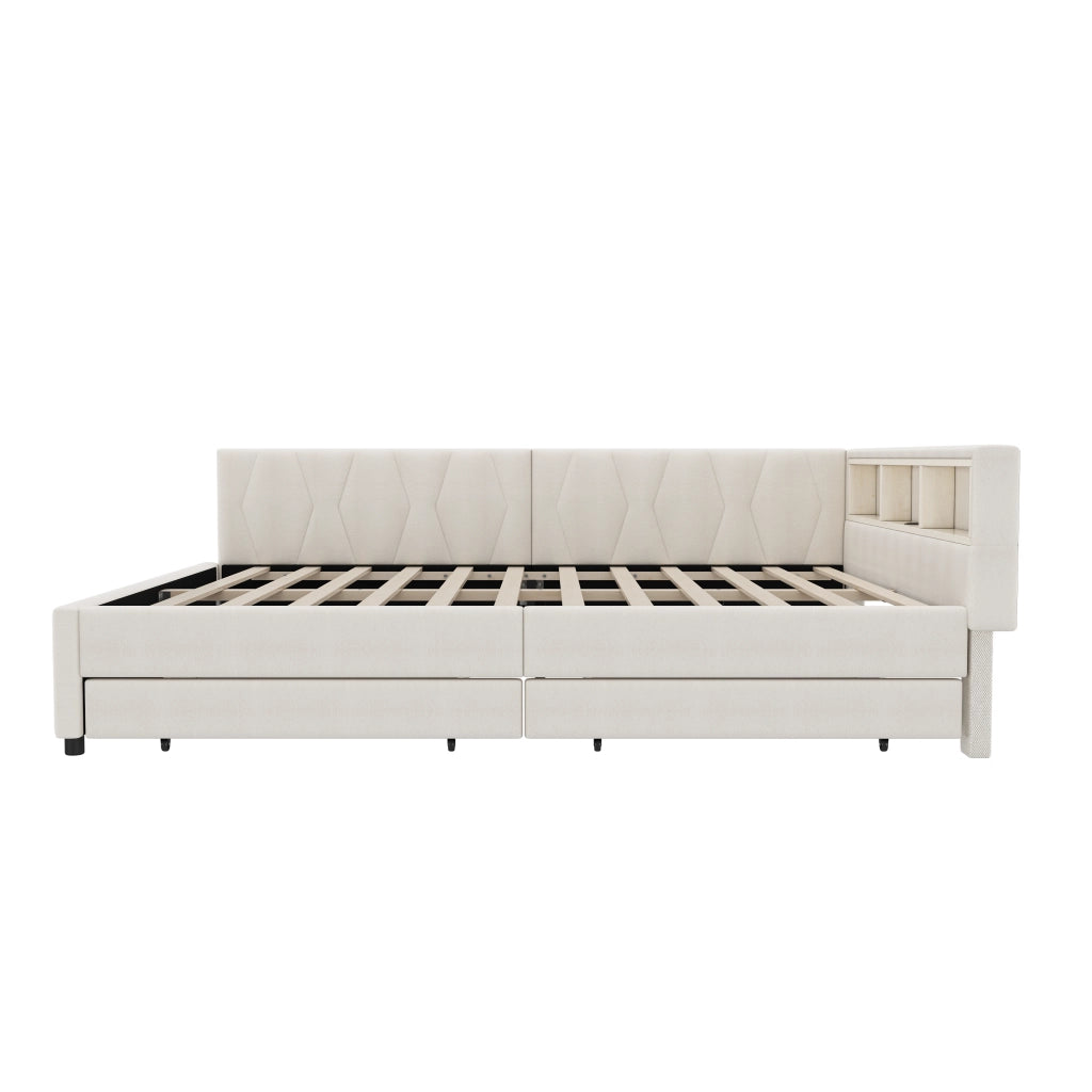 Letto 140x200 cm in lino e MDF con luce LED; cassetti e porte USB-C; beige