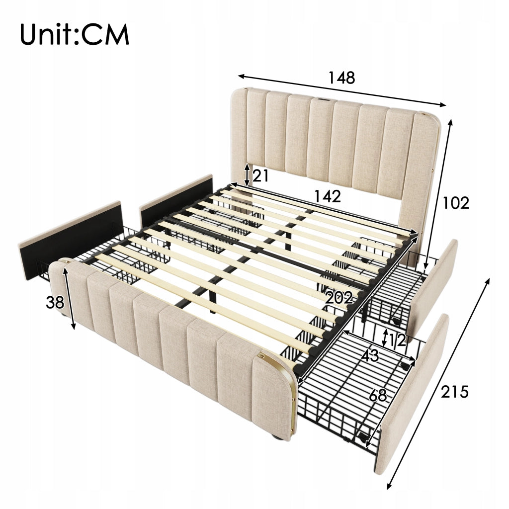 Letto matrimoniale - Xylo - 140x200 cm - Detagli dorati USB-C 4 cassetti con materasso
