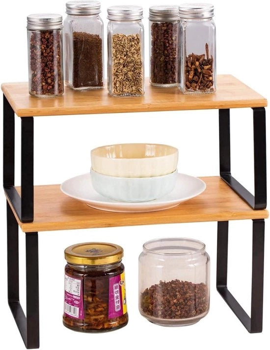 Organizzatore di cucina - Set da 2 - Estensibile e sovrapponibile - Supporto per spezie - Nero e colori naturali