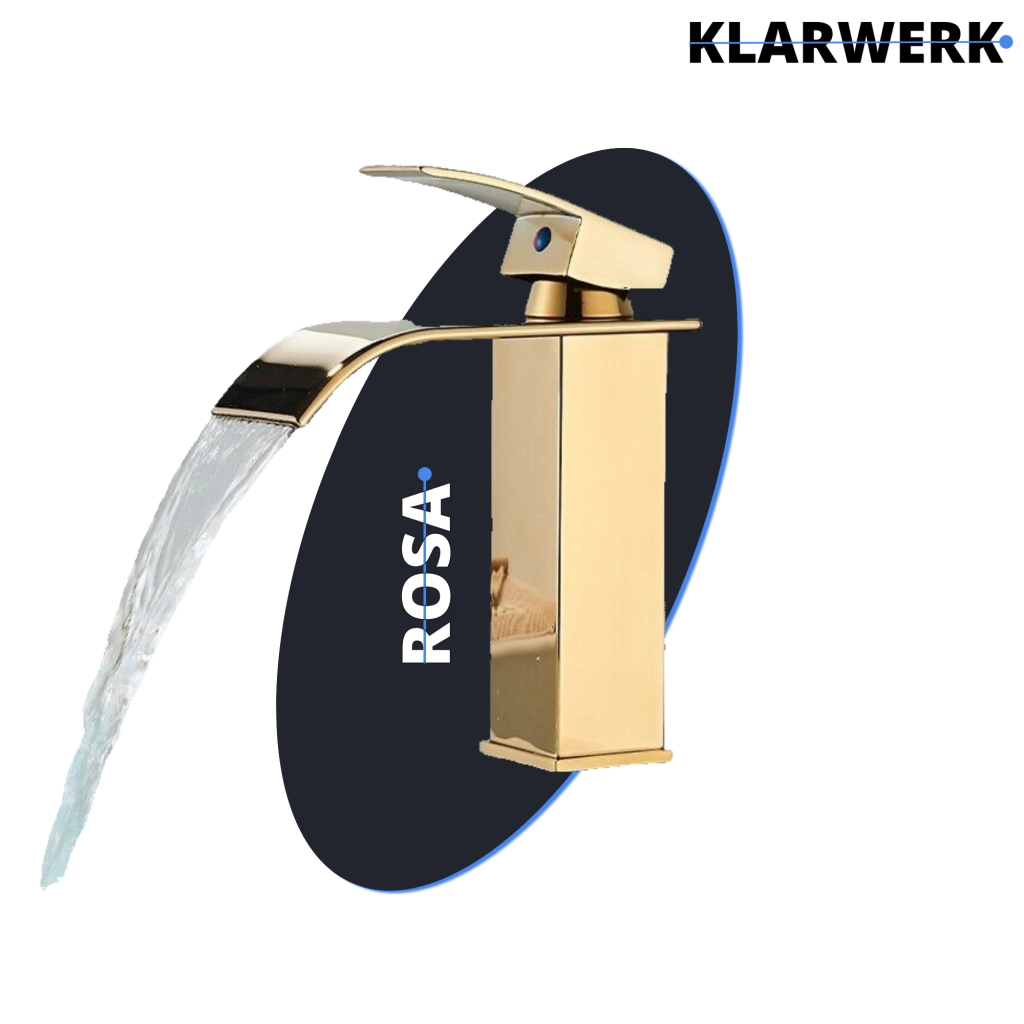 ROSA | Rubinetto da bagno a cascata Premium oro lucido  per lavabo in acciaio inox per catering | Miscelatore lavabo quadrato con rubinetto di design