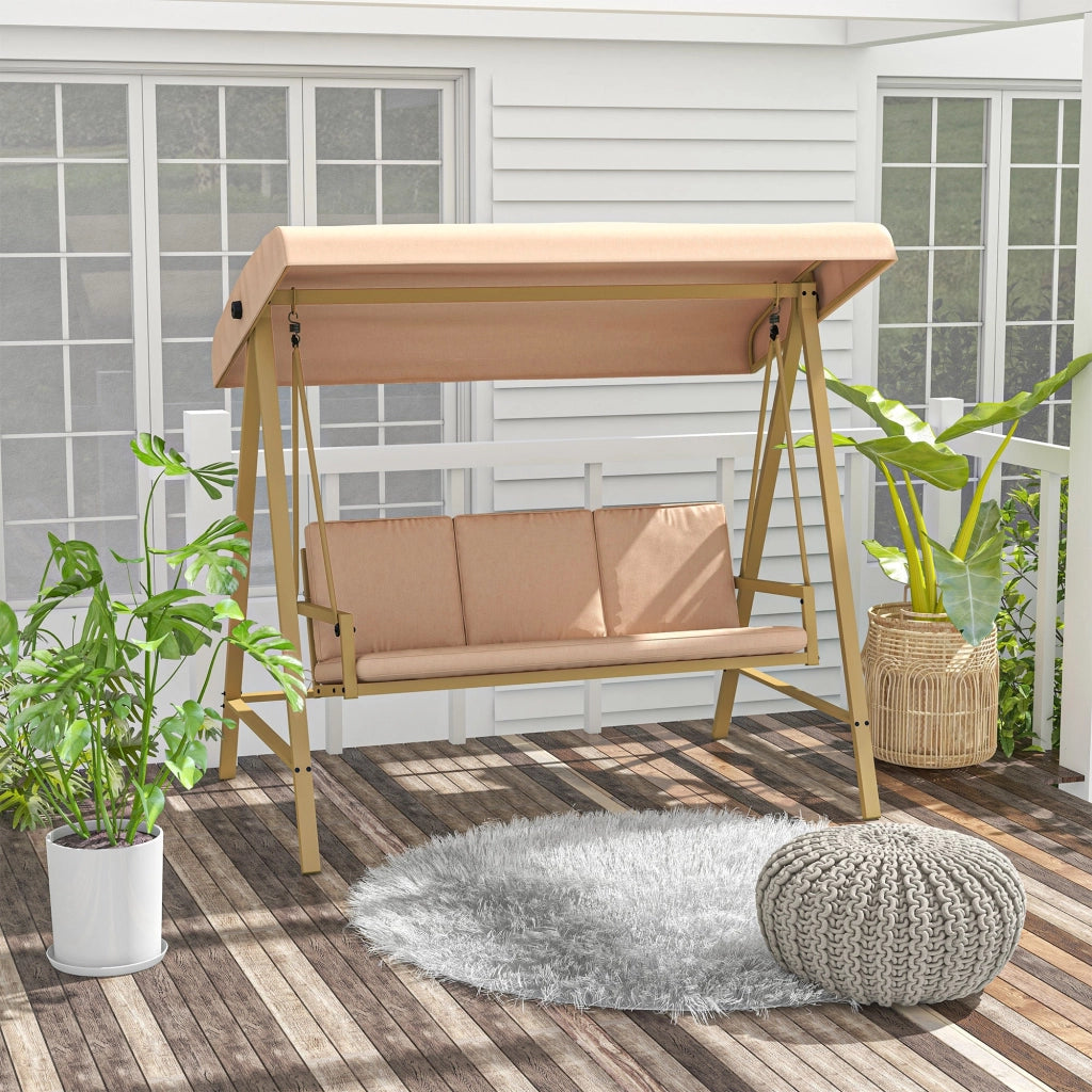 Dondolo 3 Posti con Tettuccio Inclinabile 200x125x175 cm in Acciaio e Textilene Beige e Marrone
