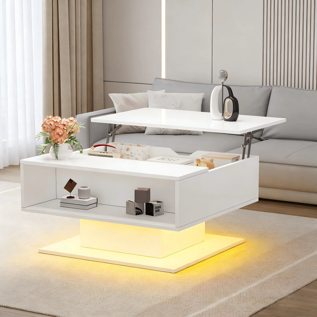 Tavolino da caffè alzabile con vano nascosto; LED; per soggiorno; 80×75×40 cm; bianco