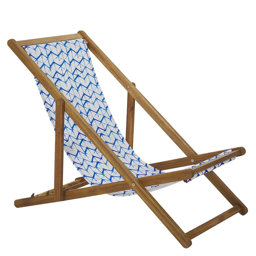 Set di 2 Sedie a Sdraio da Giardino Struttura in Legno di Acacia Chiaro Seduta Amaca in Tessuto Bianco e Blu Reclinabile