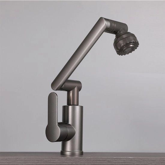 Badkamerkraan ABS 1080° rotativa con 1 o 3 fori, rubinetto da bagno unifunctionale con tubi per acqua calda e fredda, 2 valvole di scarico, nero lucido