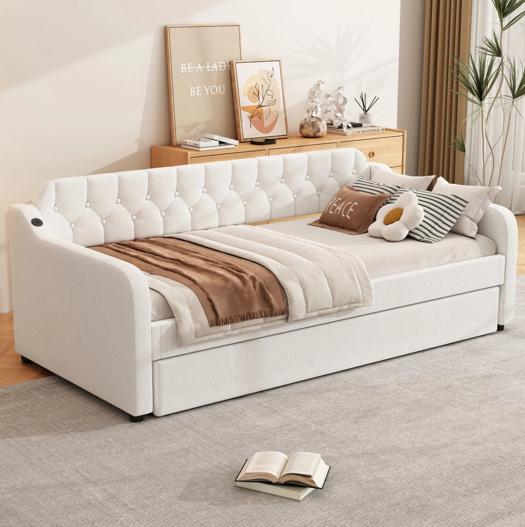 Divano letto estraibile 90x200 cm con porta USB; in lino beige