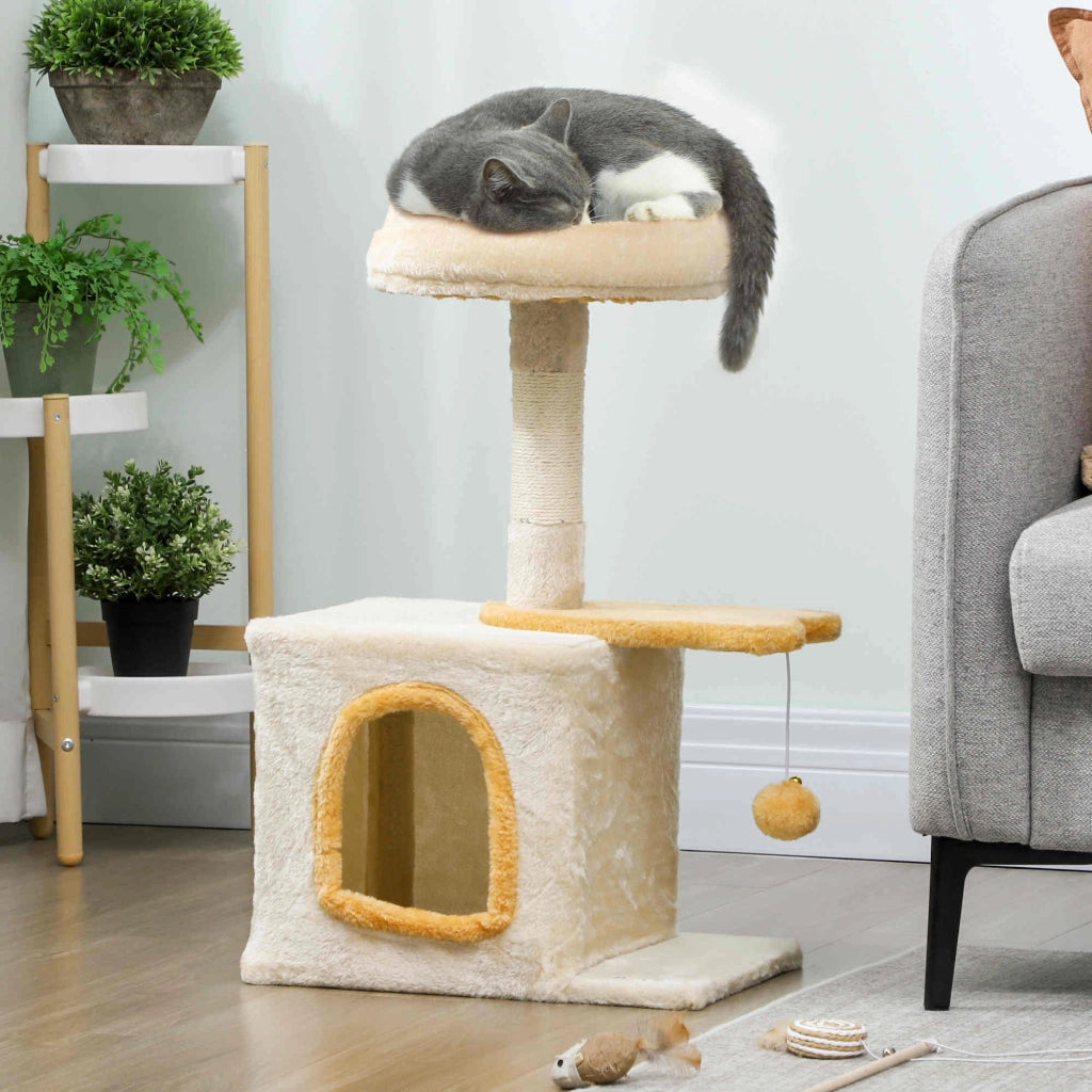 Albero Tiragraffi per Gatti con Posatoio e Casetta, in Legno, Peluche e Sisal, 40x30x72 cm, Beige e Giallo