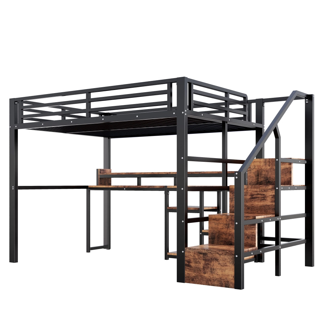 Letto a soppalco 140×200 cm con scala; ripiano; USB e Type-C; LED; senza materasso; metallo; nero