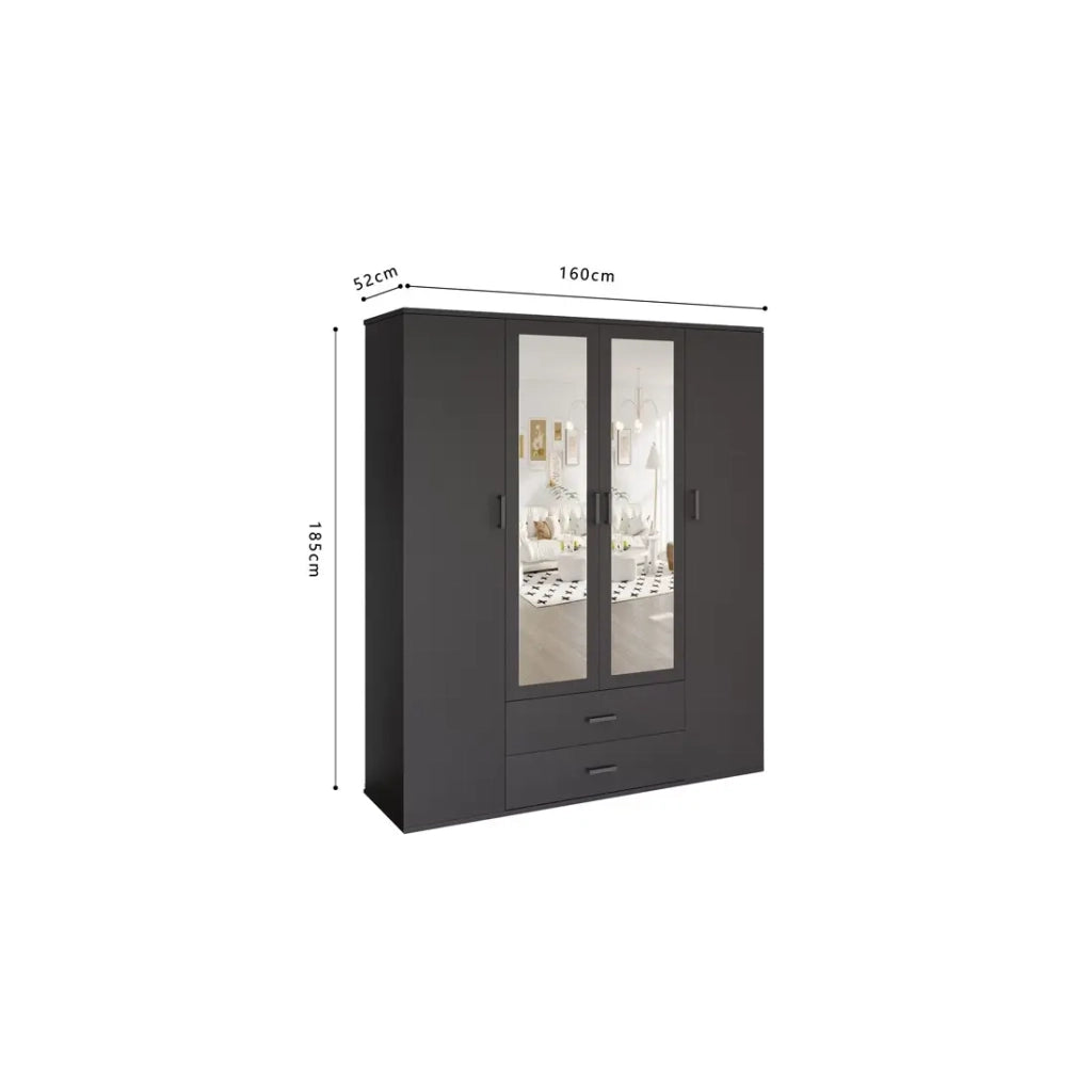 Armadio TOM – 4 porte con specchi – Colore grigio antracite – L160 cm – Design moderno e grande capacità di stoccaggio