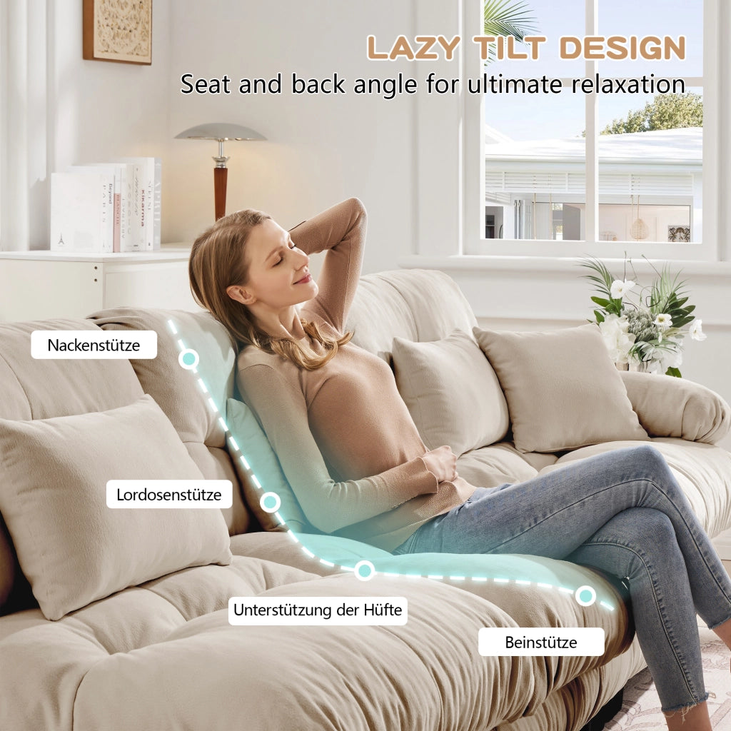 Divano angolare modulare con seduta profonda e pouf mobile, in ciniglia beige chiaro 406 × 145 × 81 cm