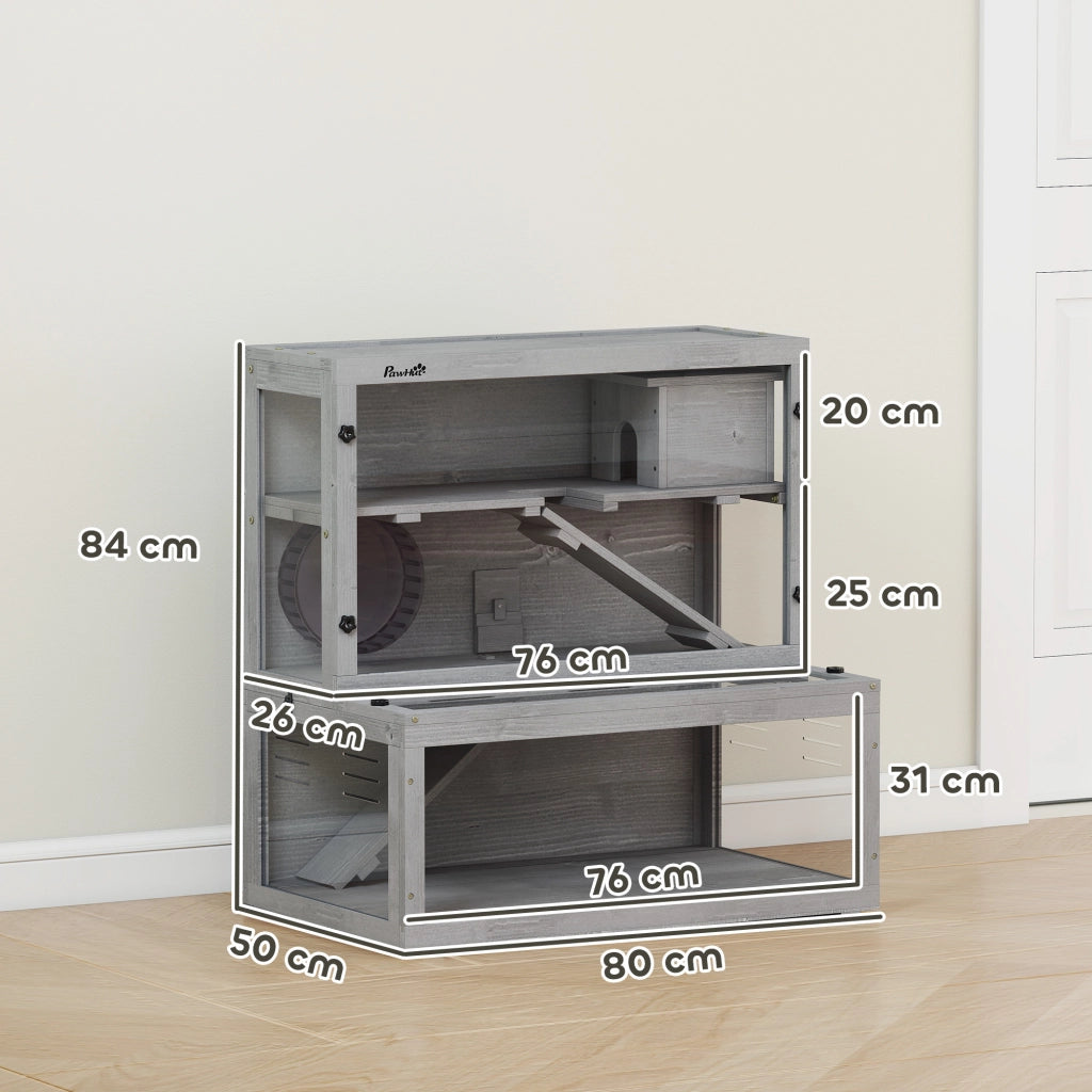 Gabbia per Criceti in Legno con Cabina, Ruota e Rampie ¨C Minimal ¨C Grigio 80x50x84cm