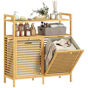 Mobile Portabiancheria con 2 Cesti da 41L e 2 Ripiani. in Bamb¨´ e Poliestere. 82x33x88 cm. color Legno e Crema