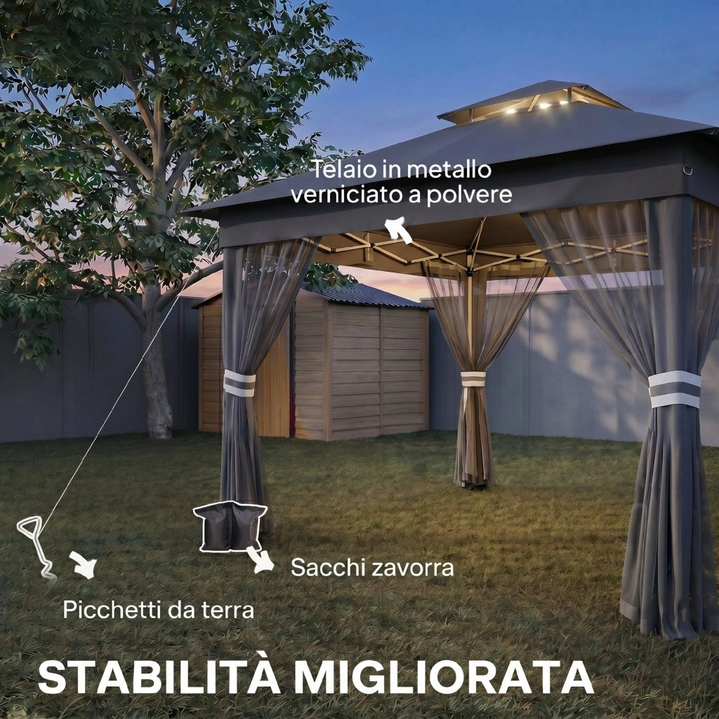 Gazebo da Giardino ad Altezza Regolabile con Luci LED, in Acciaio e tessuto Oxford, 336x336x250-270 cm, Grigio