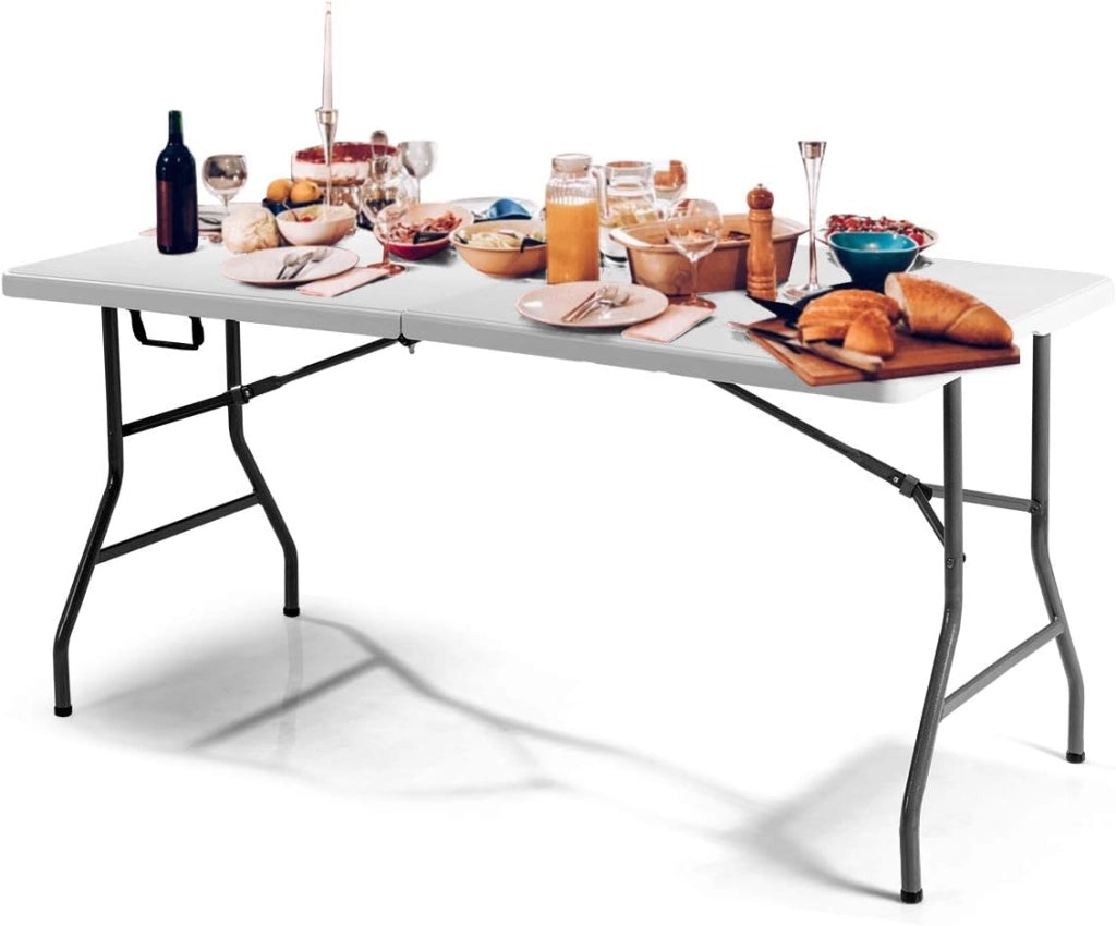 Tavolo Pieghevole e Portabile da Campeggio, Tavolino da Esterno in HDPE con Piedini Antiscivolo, Tavolo da Giardino Rettangolare da Picnic, Spiaggia, Feste, Bianco, 153 x 74 x 73 cm
