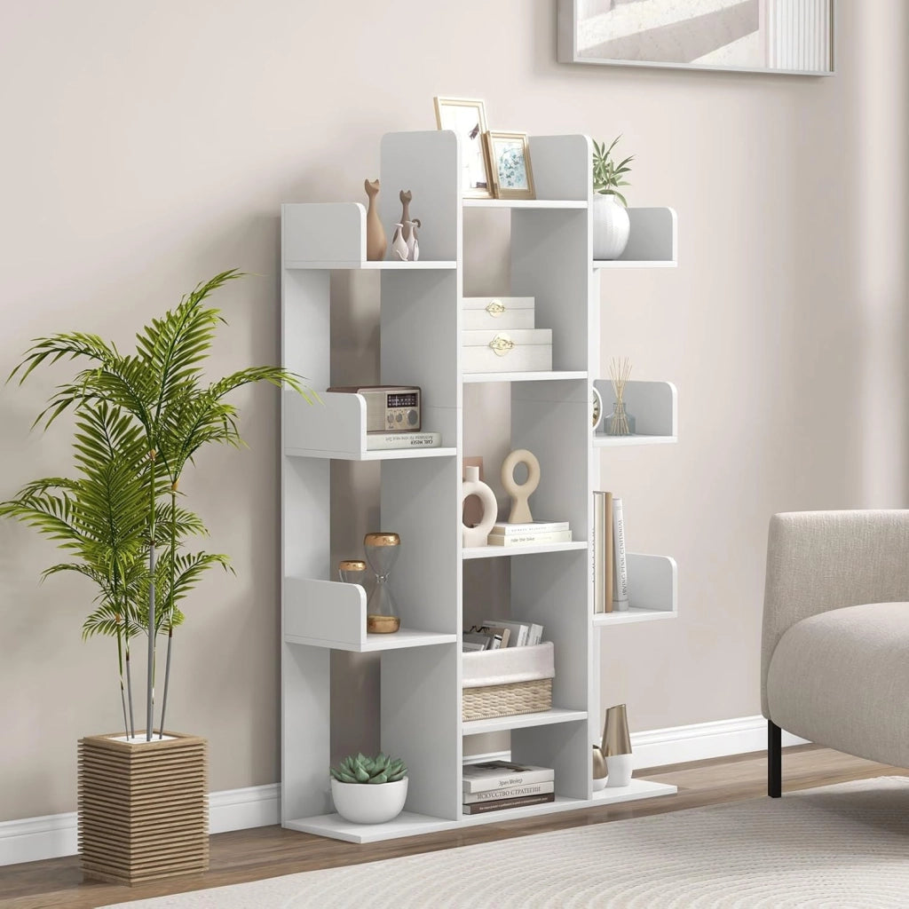 Libreria a Forma di Albero, Scaffale Multiuso con 13 Ripiani Aperti, Scaffale Decorativo Autoportante a Cubo per Soggiorno Studio o Ufficio, 86x24,5x141 cm (Bianco)