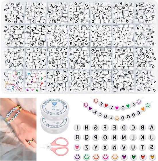 1680 pezzi di lettere di acrilico - Alfabeto A-Z - Lettere di acrilico a forma di cuore - Smiley 7mm rotonde - Set di lettere di acrilico per ambra - Materiales per creare gioielli - Collane e bracciali DIY