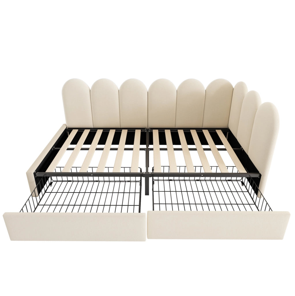 Letto imbottito con 2 cassetti 90x200 cm in velluto beige
