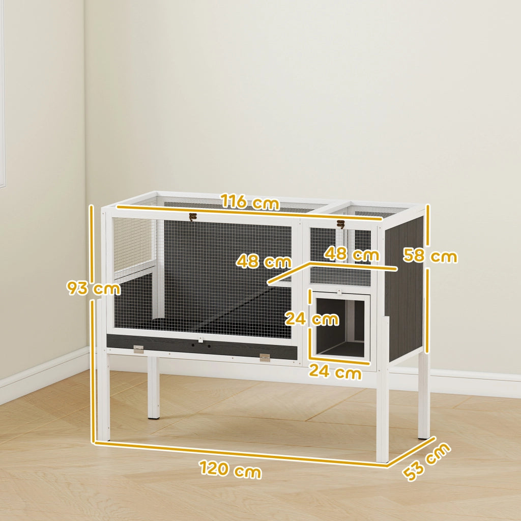 Gabbia per Conigli e Criceti da Interno 120x53x93 cm Rialzata con Vassoio Estraibile e Tetto Apribile in Legno Grigio