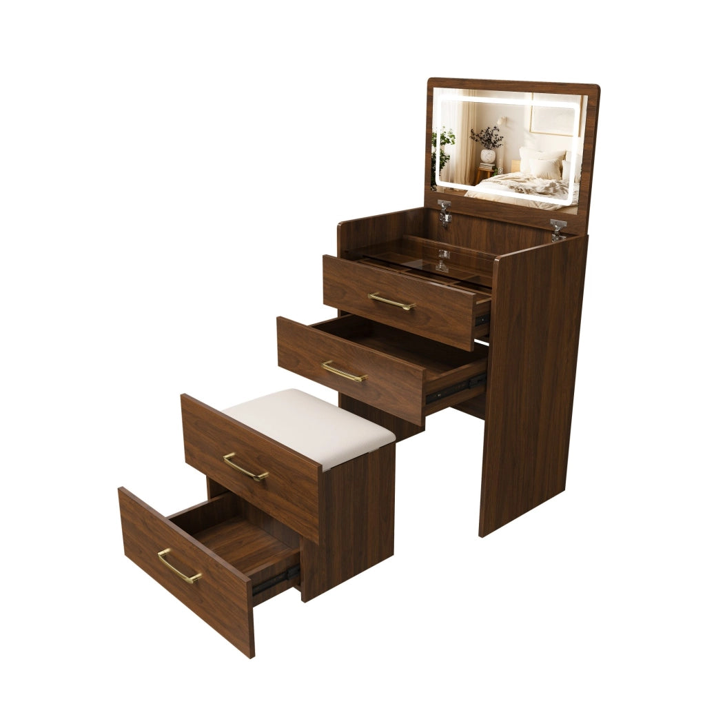 Toeletta 3 in 1 con specchio apribile e piano in vetro; MDF; noce