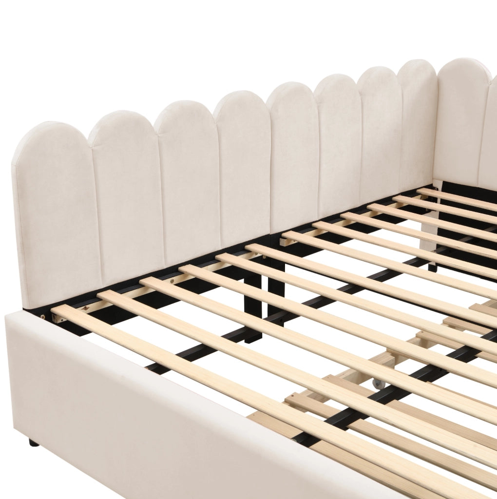 Letto imbottito a L con letto estraibile 140x200 cm in tessuto beige; 205x148x90 cm