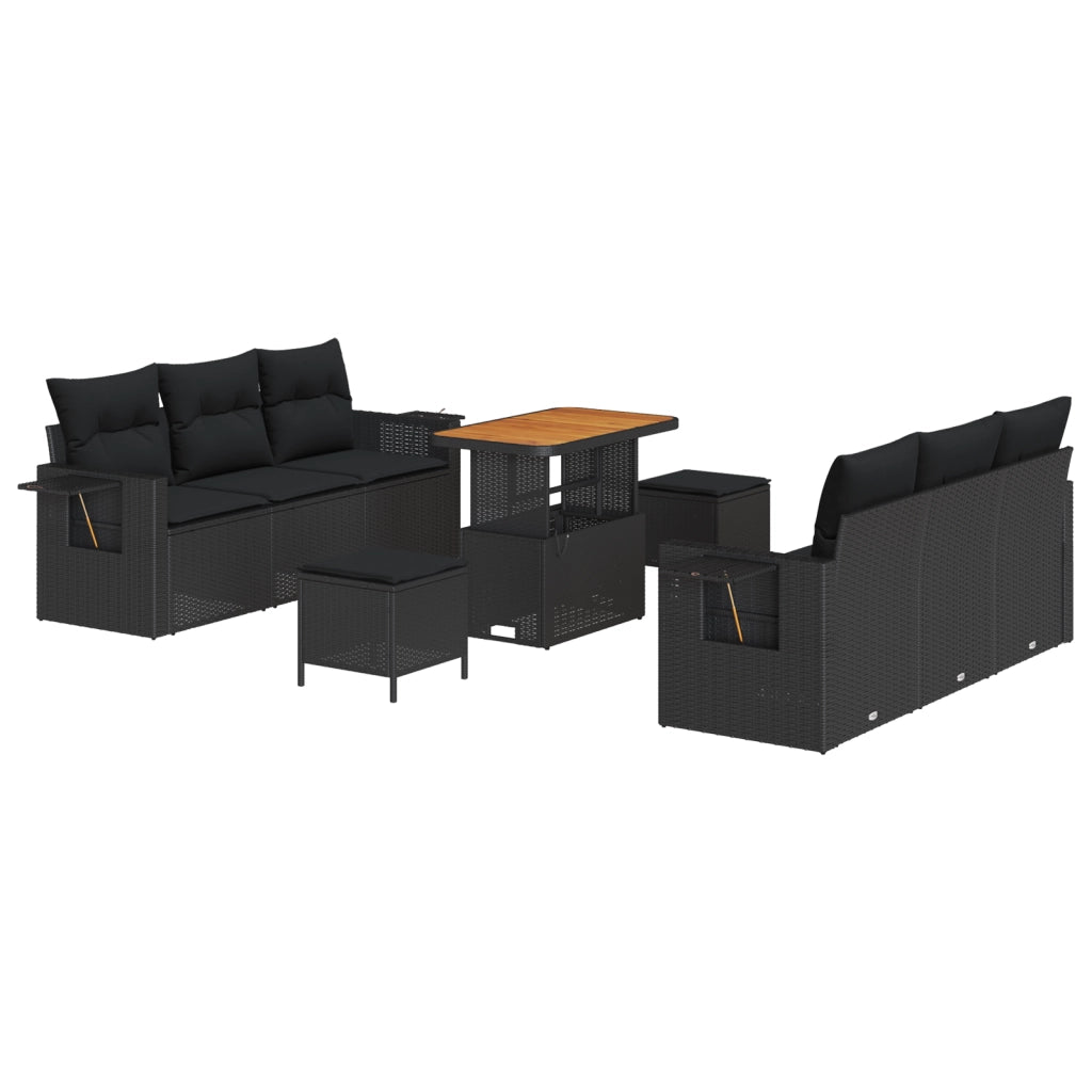 Set da Giardino  9 Pezzi con Cuscini Nero Rattan Poliestere Acacia