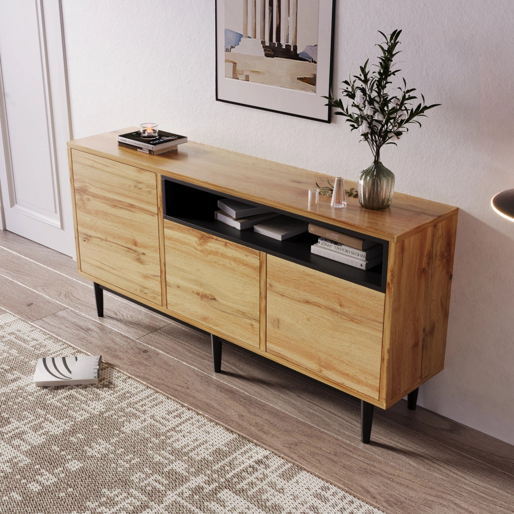 Credenza con 3 Ante e Ripiani Regolabili; Stile Moderno; in MDF; Nero e Legno; 160??35??76 cm