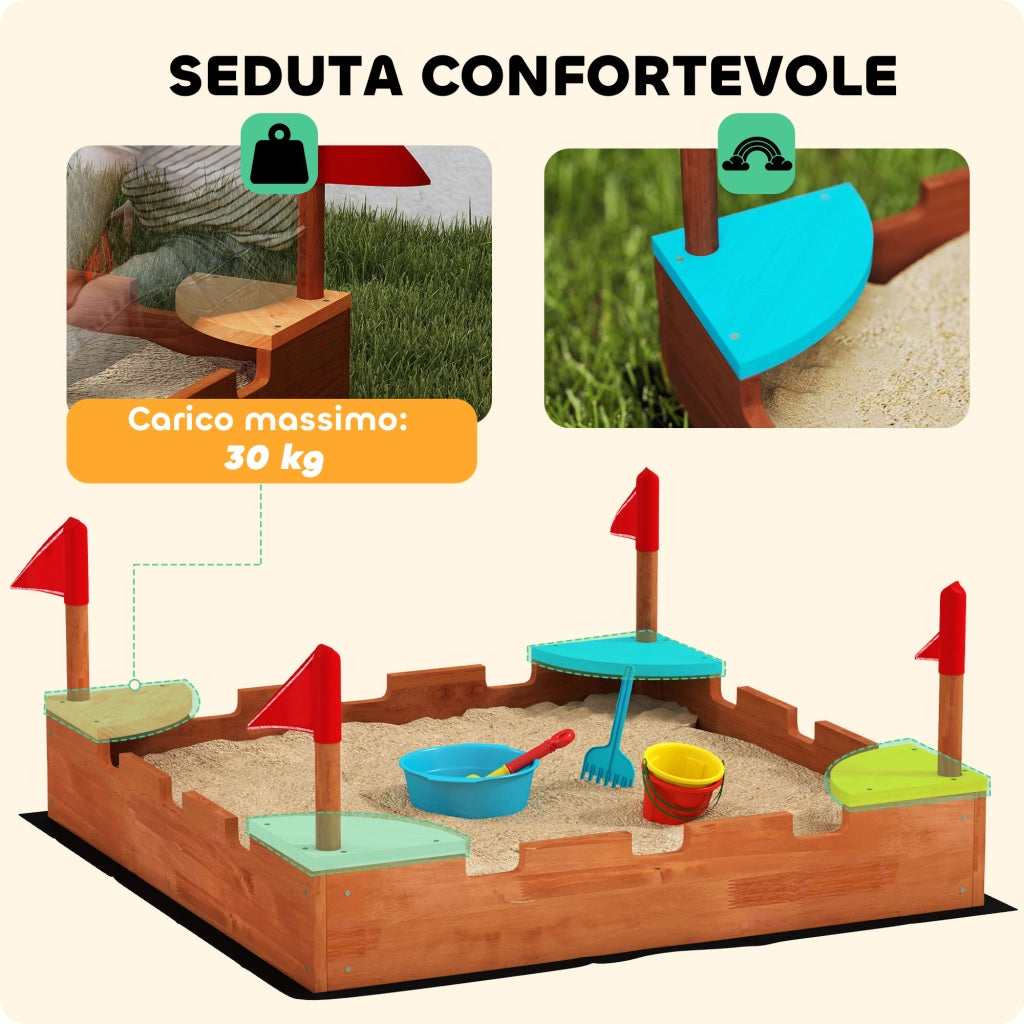 Sabbiera per Bambini 90x90x17 cm con 4 Sedute Angolari in Legno di Abete Multicolore