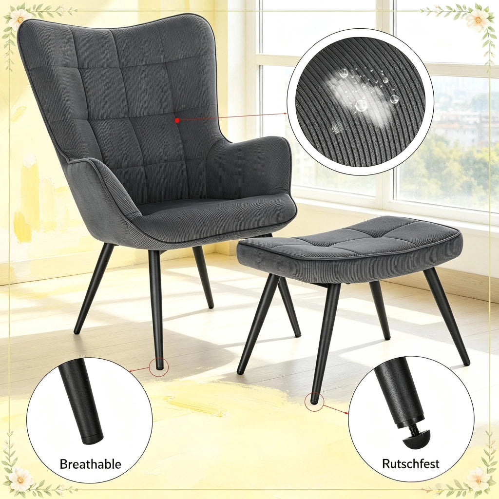 POLTRONA con Poggiapiedi 50x49x97 cm Velluto Grigio Scuro Set 2 pezzi