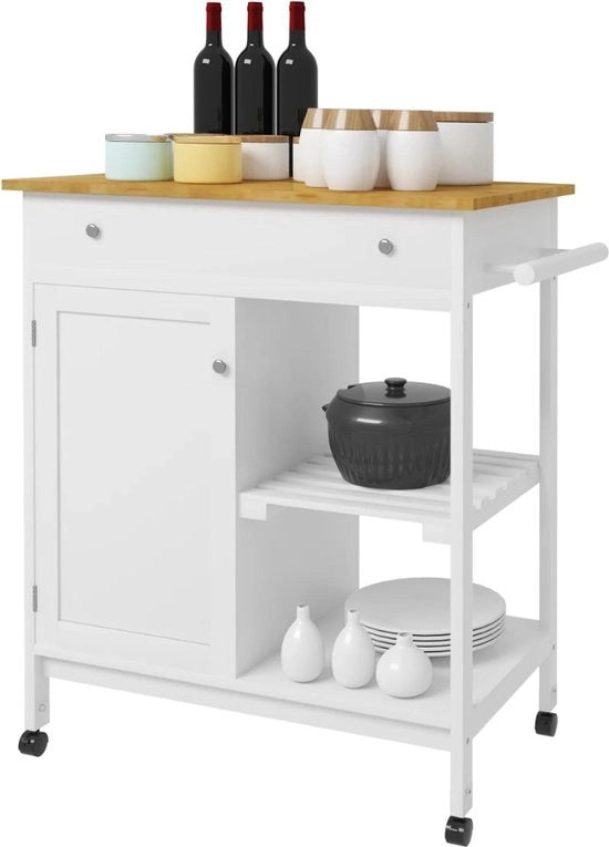 Isola Cucina Mobiliabile - Isola Culinaria Con Lavorazione - Isola Cucina Con Tavolo - Isola Cucina - Isola Cucina/Banca - Su Ruote - Tavolo - 44x80x88 Cm - Bianco