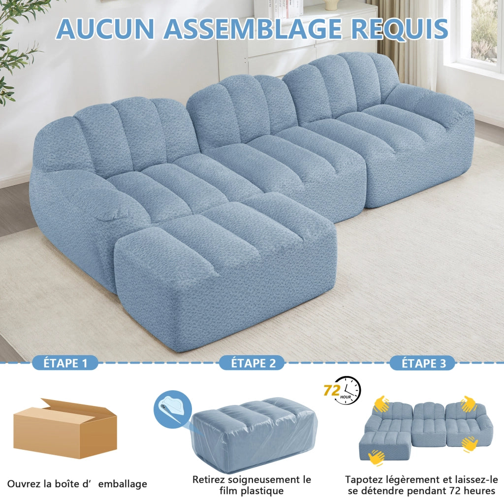 Divano modulare 2 posti blu senza struttura, con cuscini profondi e forma ergonomica a conchiglia