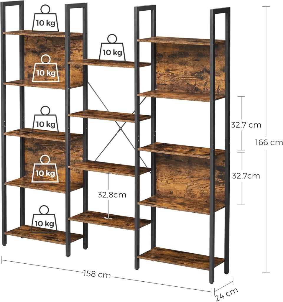 VASAGLE Libreria, Scaffale Portaoggetti, con 14 Ripiani, Struttura in Metallo, Soggiorno Studio Ufficio, Stile Industriale, 24 x 158 x 166 cm, Marrone Vintage e Nero Inchiostro LLS107B01
