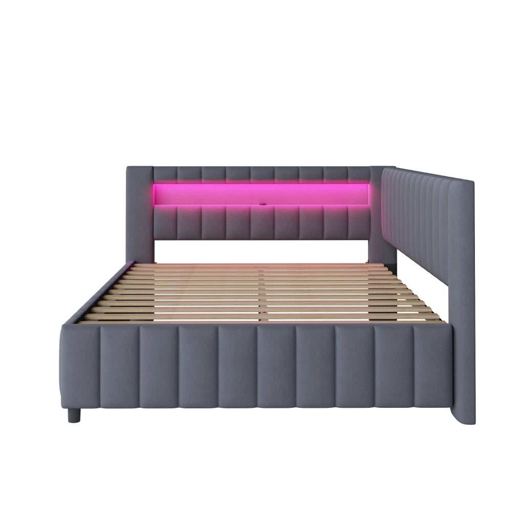 Letto imbottito angolare 140x200 cm in velluto grigio con LED e porta USB