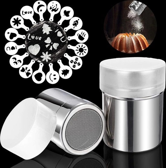 Strumento per spolverizzare zucchero cacao con coperchio e 16 stencil per caffè cappuccino, 2 misure di spolveratore in acciaio inossidabile per cappuccino cioccolato zucchero cannella farina sale spezie