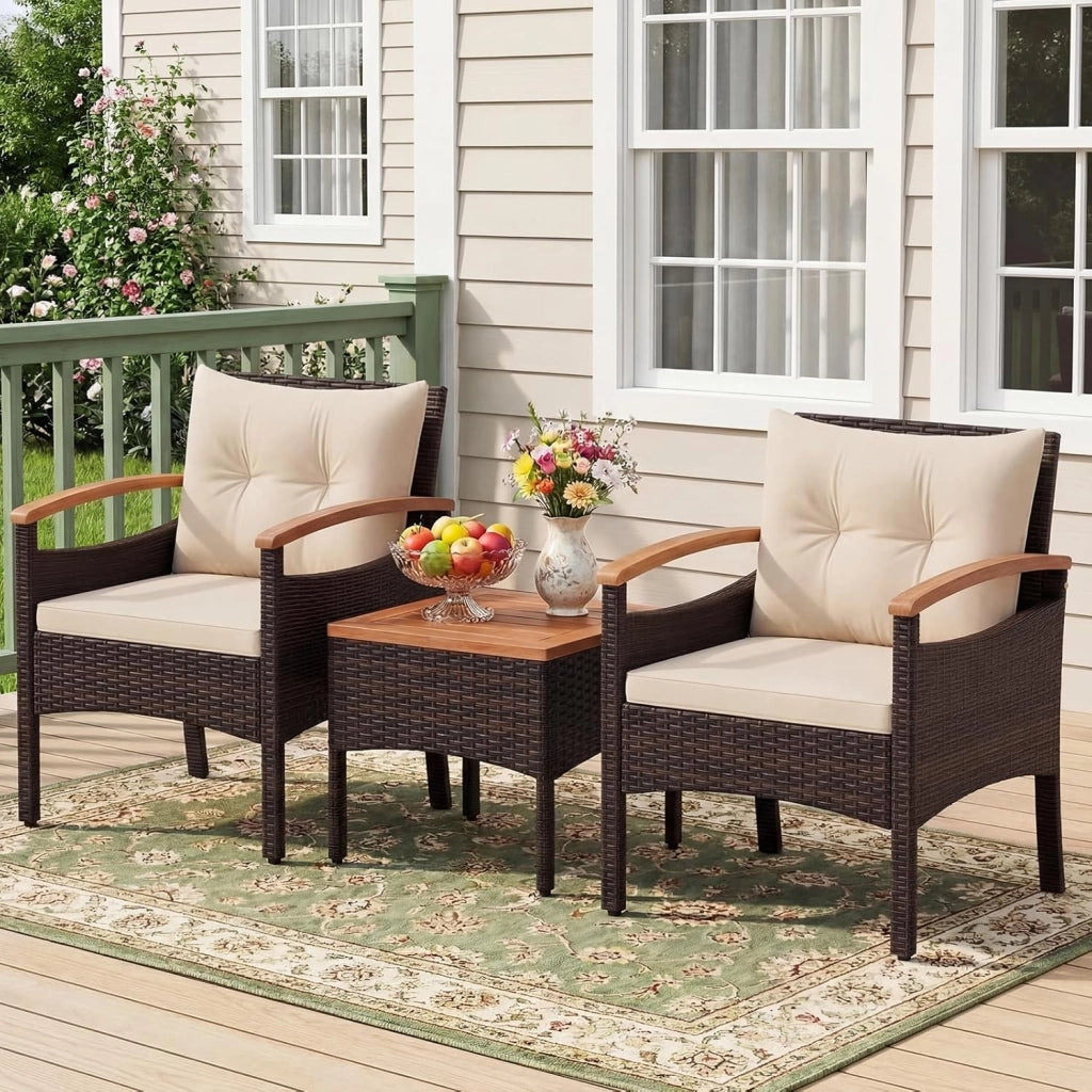 Salotto da Giardino in Rattan PE, Salottino da Esterno 3 Pz, 2 Poltrone con Braccioli e Schienale, 1 Tavolino con Piano in Legno Massello, per Terrazzo, Balcone, Patio (Marrone+Beige)