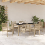 Set da Pranzo da Giardino 7 Pezzi con Cuscini Beige in Polyrattan