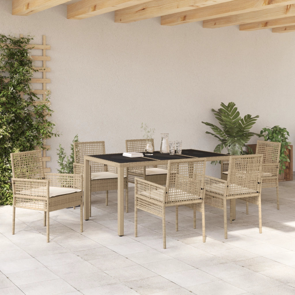 Set da Pranzo da Giardino 7 Pezzi con Cuscini Beige in Polyrattan