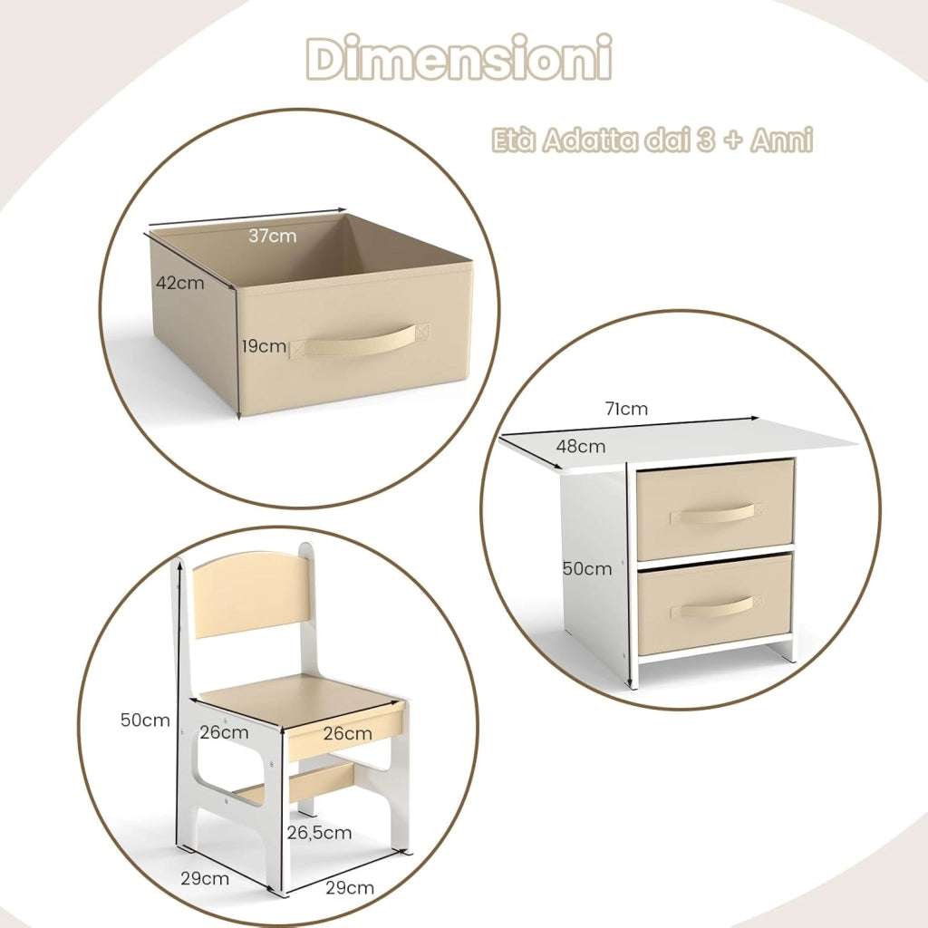 Set Tavolo e Sedie per Bambini 1-7 Anni, Tavolino in Materiale Atossico e Indore con 2 Sedie Ergonomiche con Schienale, Angoli Arrotondati, Ideale per Giocare, Disegnare e Leggere (Beige)