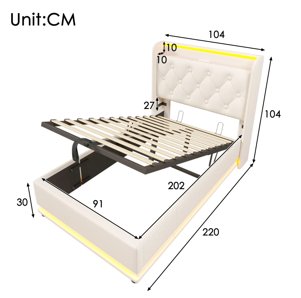 Letto singolo ULEVR 90x200 cm contenitore idraulico con LED 360¡ã, USB e Type-C, PU bianco