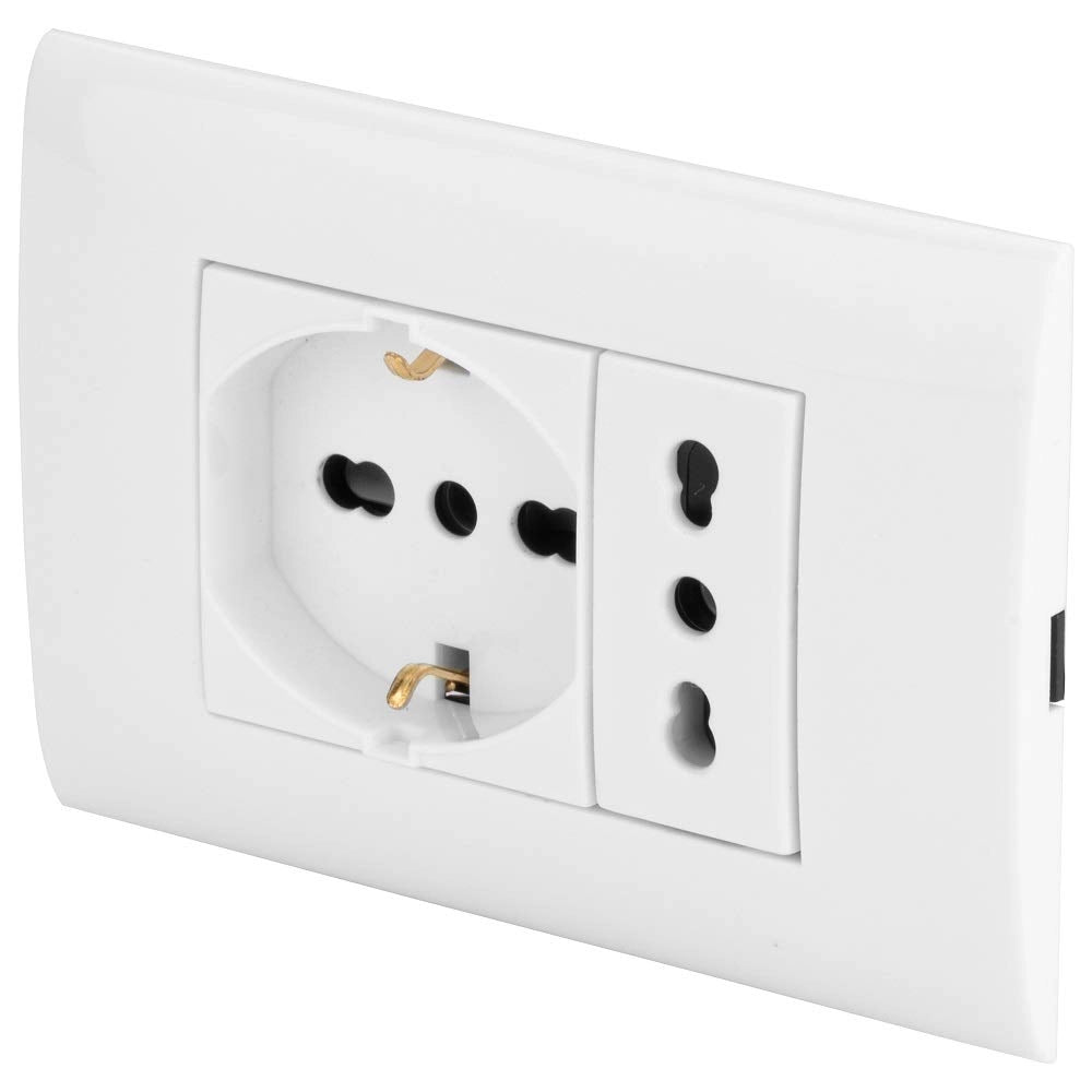 Presa elettrica da muro PolyPool PP6094X Placca incasso bianca Bipasso e Schuko Scatola 3 Moduli con Frutto Presa Bivalente e Frutto Presa Pluristandard