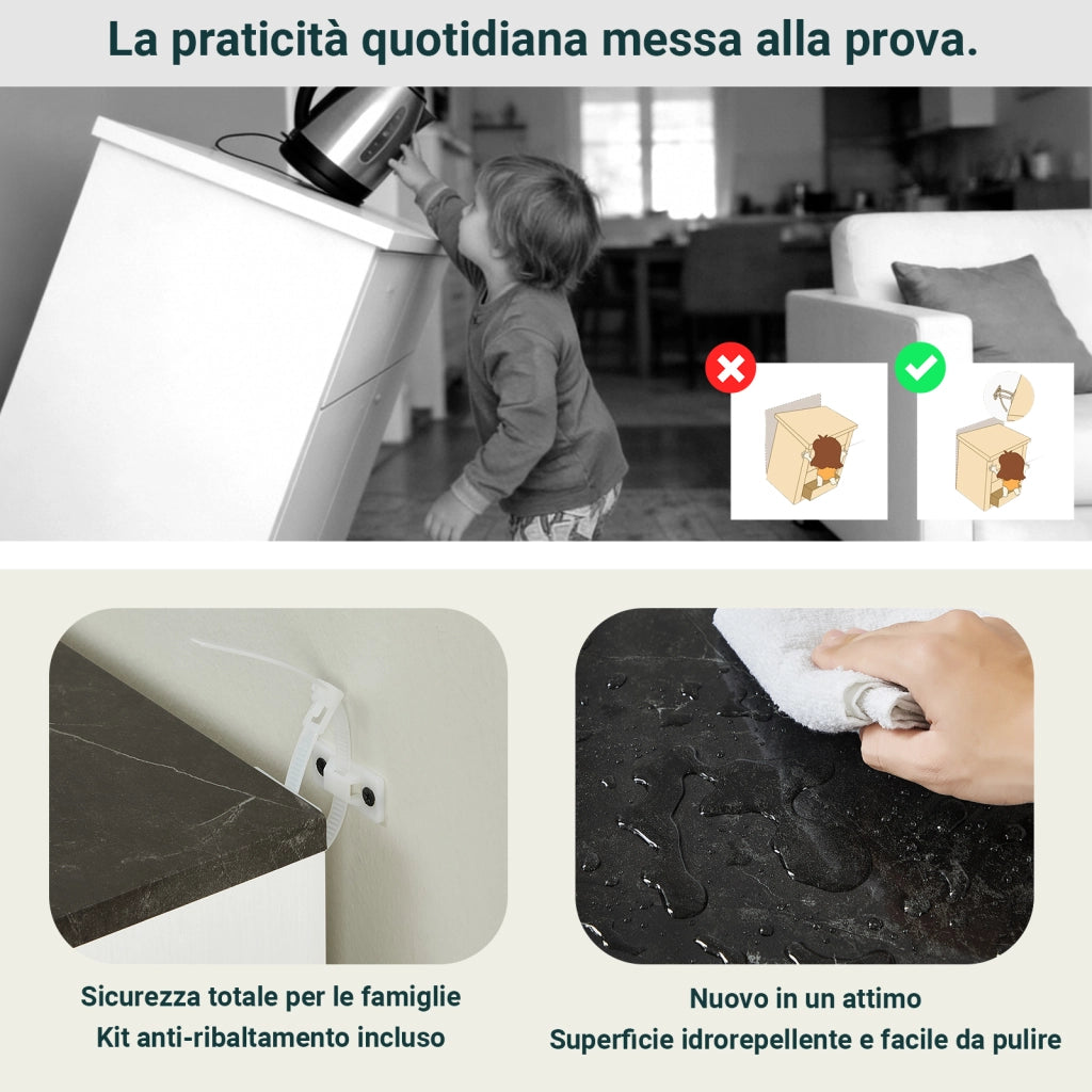 Credenza con 4 ante a chiusura ammortizzata e sistema antiribaltamento, in MDF, bianco e nero, 160 × 40 × 80 cm