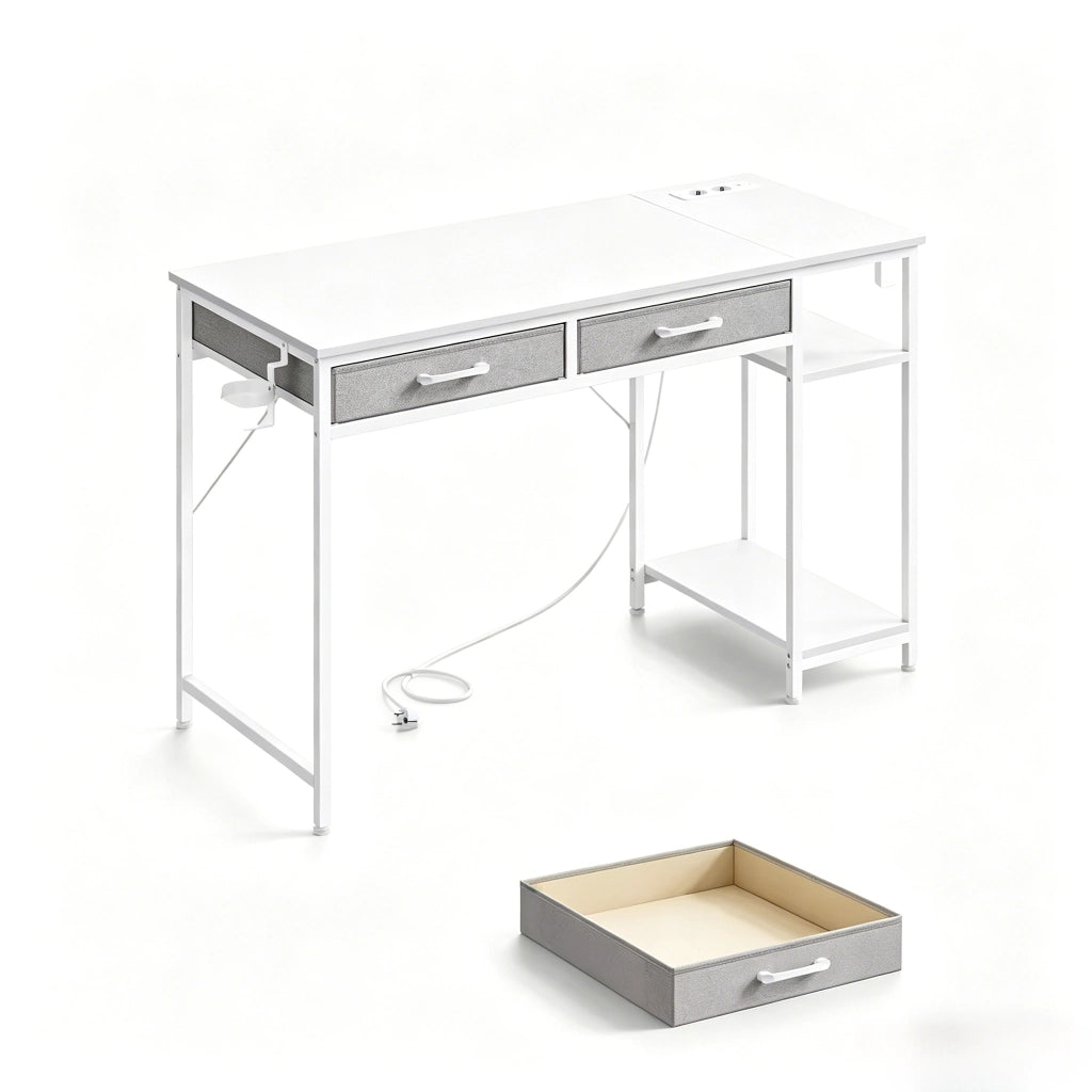 Scrivania computer moderna bianca con 2 cassetti in tessuto, ripiano laterale e stazione di ricarica integrata, 120 x 51 x 75 cm