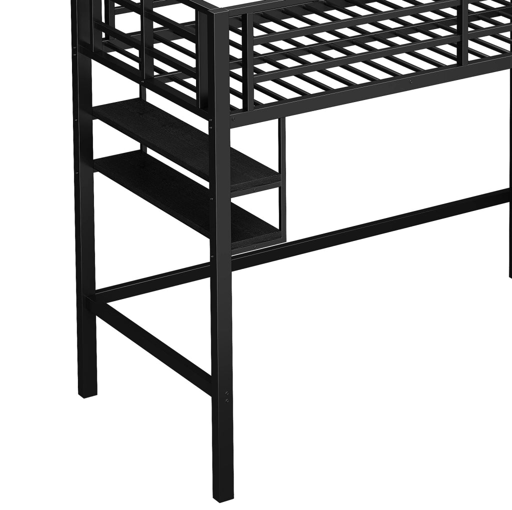 Letto a soppalco per bambini 90x200 cm nero con scaffali e scala contenitore