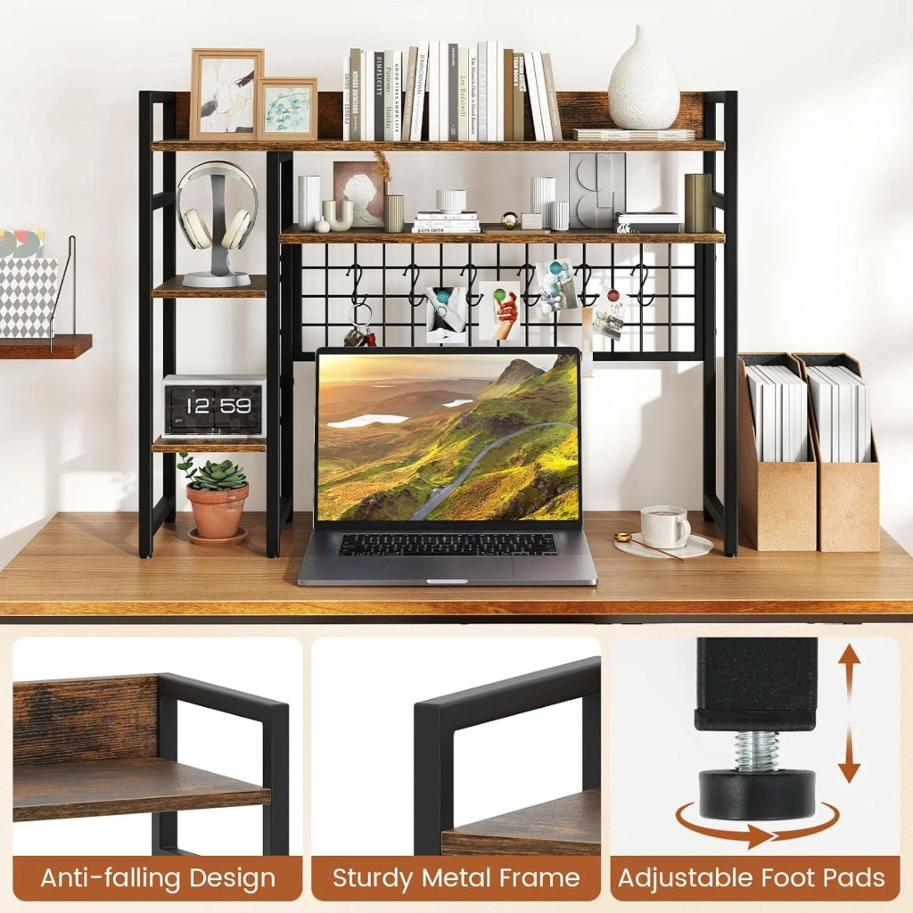 Scaffale da scrivania, scaffale autoportante con 4 ripiani, scomparto aperto, griglia in metallo e 6 ganci rimovibili, risparmio di spazio, libreria per ufficio, cucina, soggiorno (marrone)