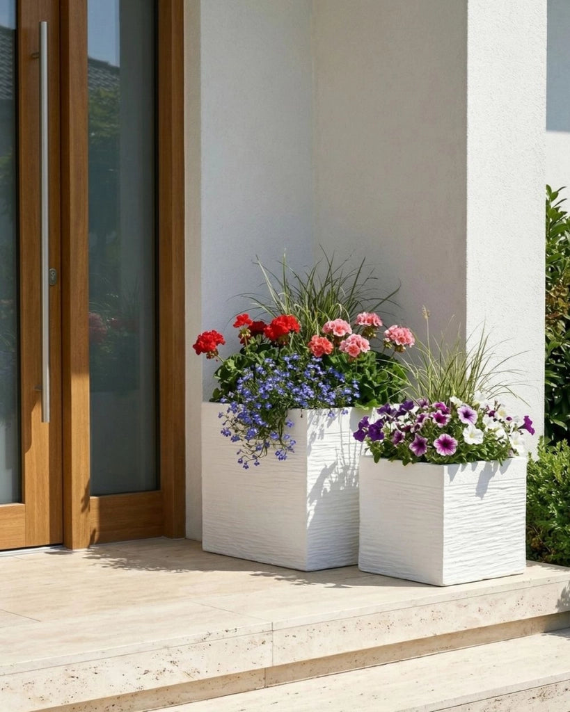 Vaso da fiori in fibra di argilla bianca, forma quadrata, 40 x 38 cm, resistente ai raggi UV