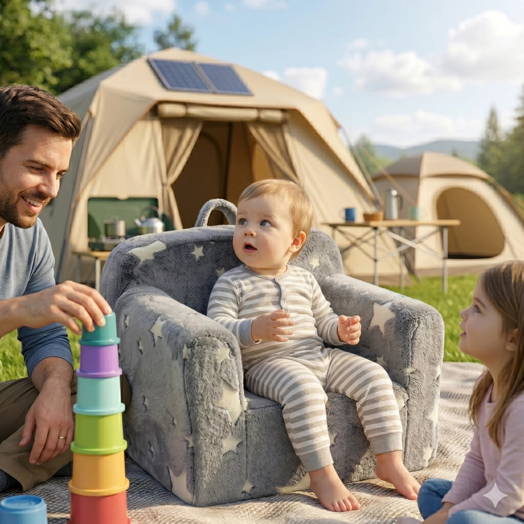 Poltroncina per bambini in schiuma, grigia, con maniglia e tasche laterali