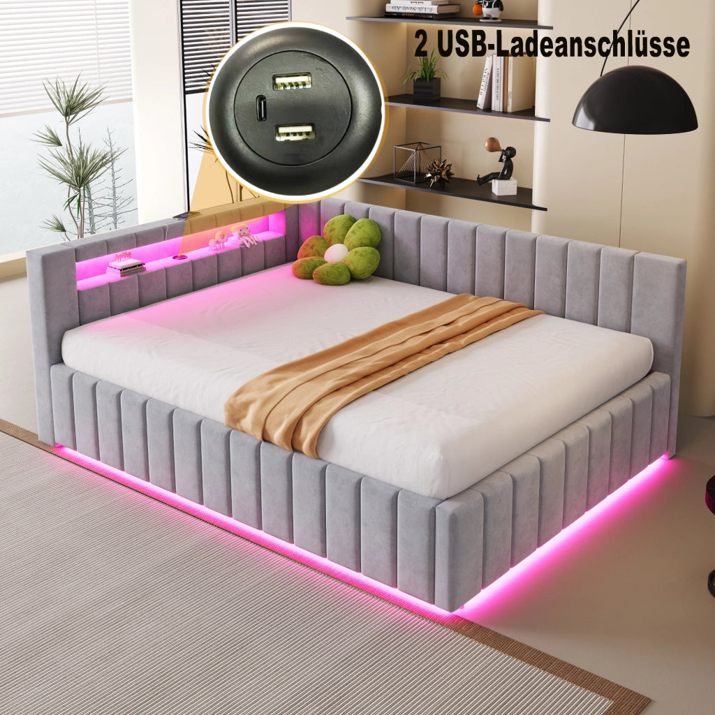 Letto Contenitore Matrimoniale 140x200 cm; USB; LED e Stoccaggio Idraulico in Grigio
