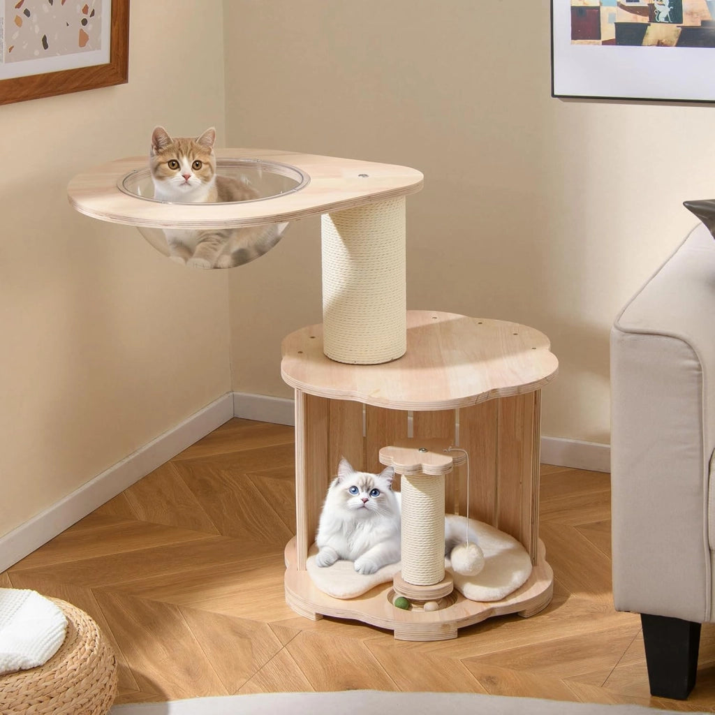 Albero per Gatti Alto 74 cm, Tiragraffi per Gatti in Legno con Condo, Capsula Spaziale, Tiragraffi, Gioco Interattivo con Pista per Palline in Legno, Pallina Appesa e Tappetino Lavabile