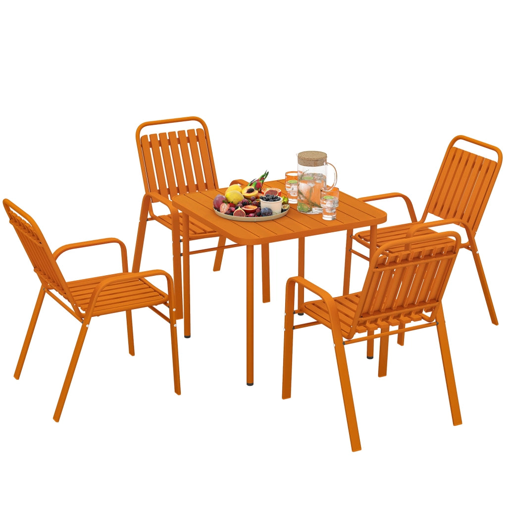 Tavolo da giardino con 4 sedie impilabili ¨C zephmum ¨C piano a doghe 80 cm, struttura in acciaio, arancione