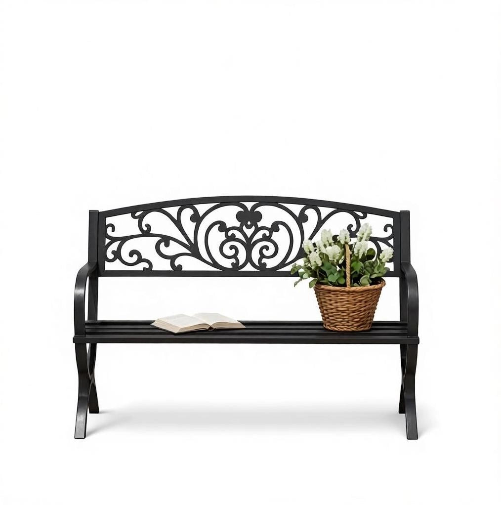 Panchina da giardino per 2 persone 127x60x85 cm in acciaio e ghisa; nera