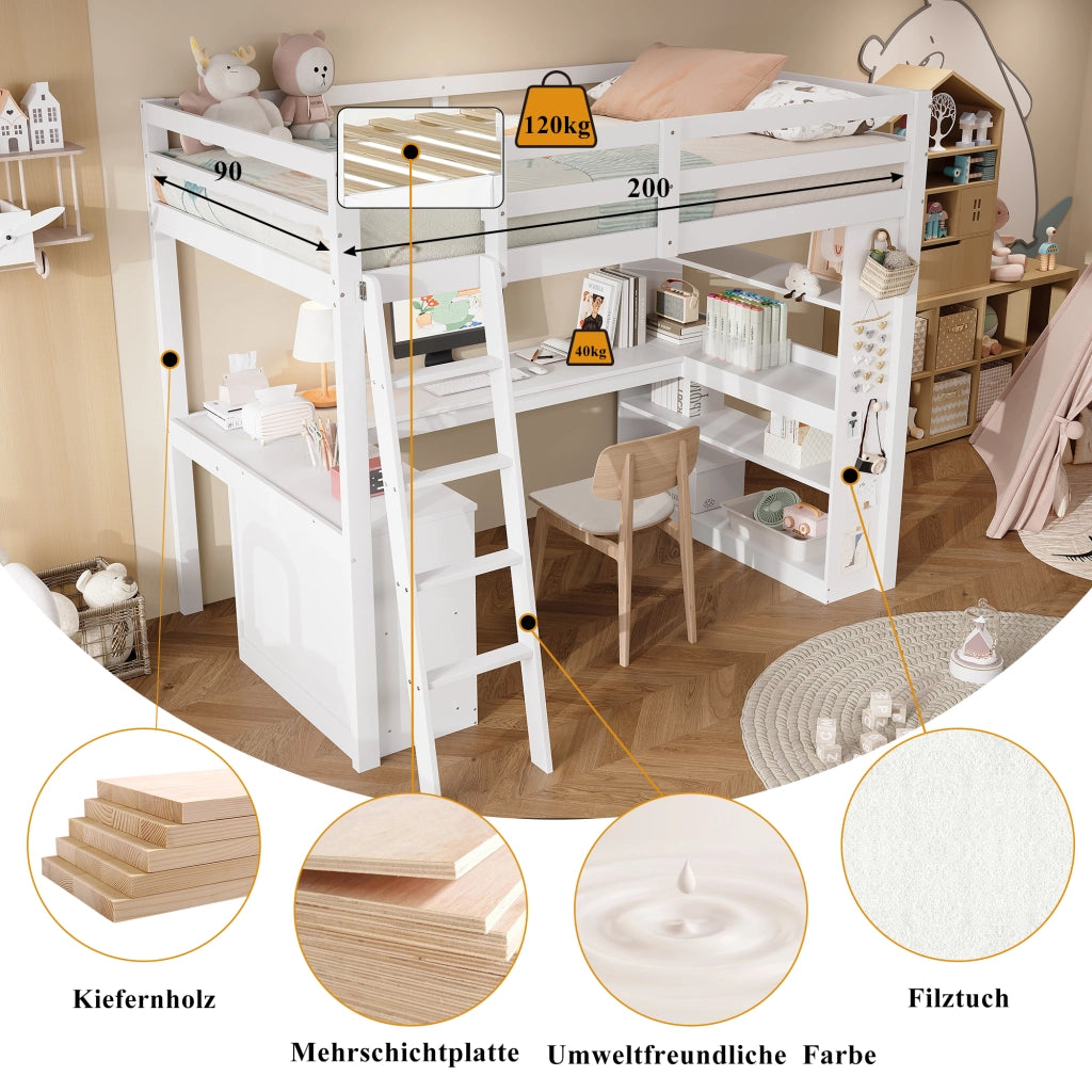 Letto a soppalco per bambini con scaffale e scala, 90x200 cm, bianco