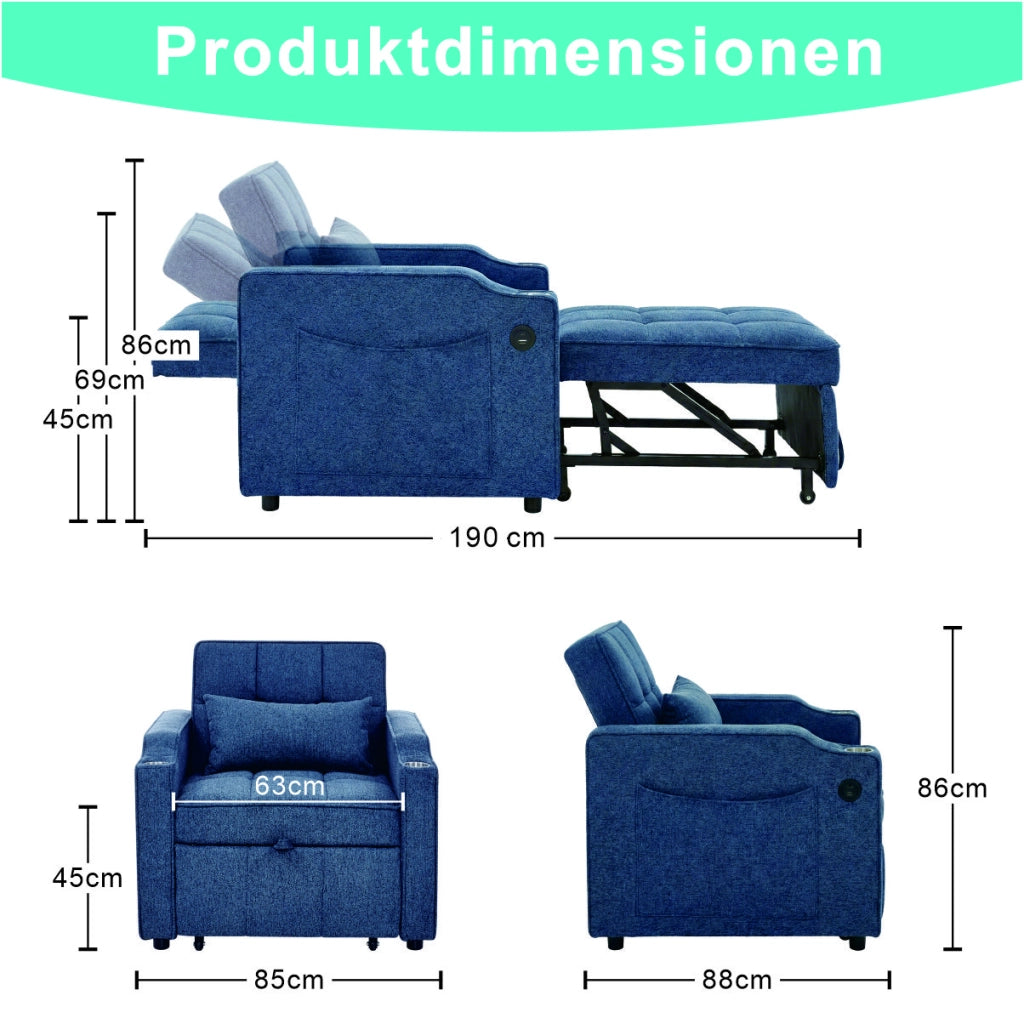 Poltrona letto 3 in 1 con USB e USB-C, schienale regolabile, portabicchieri e tasche laterali in tessuto blu navy